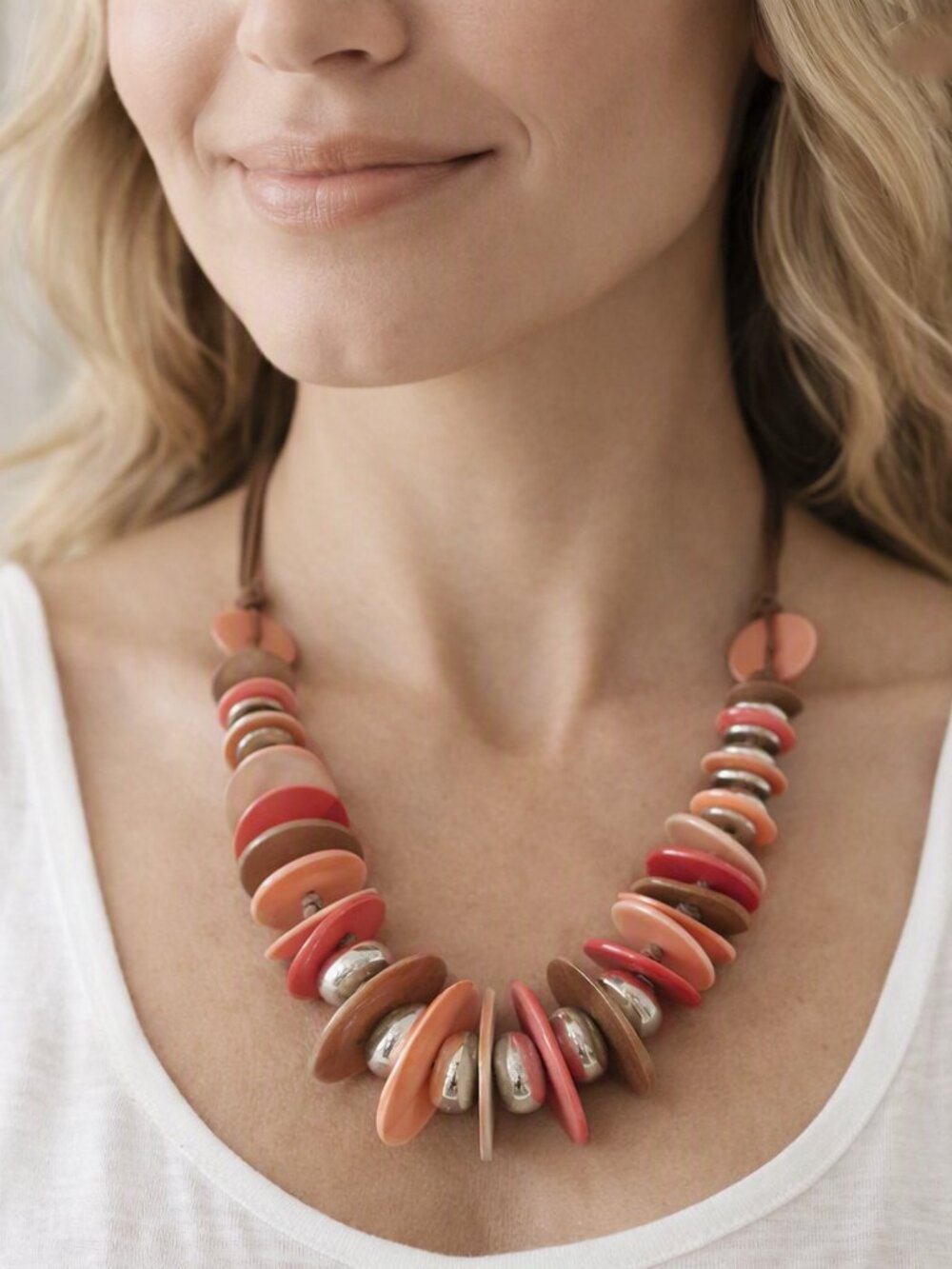 Boho Chic Multi‑Color Disk Cord Necklace –Peach, Taupe, Pink & Silver Tone Beads